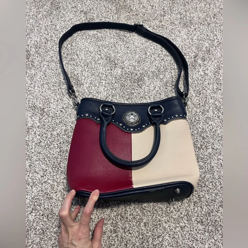 Montana West Patriotic Western Satchel Purse Red White Blue Studded Concho Bag - Picture 3 of 15